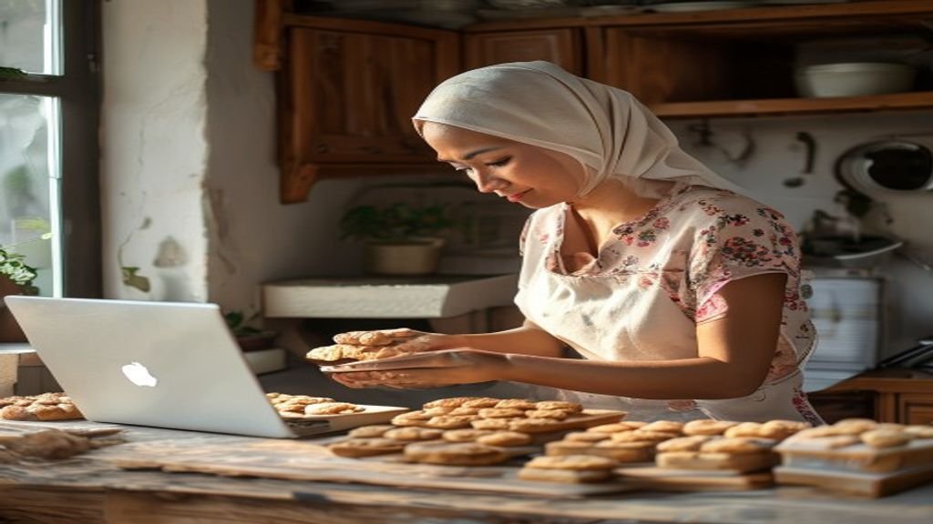 Ilustrasi kreatif ide bisnis modal kecil dengan produk handmade, layanan digital, dan warung makanan sederhana