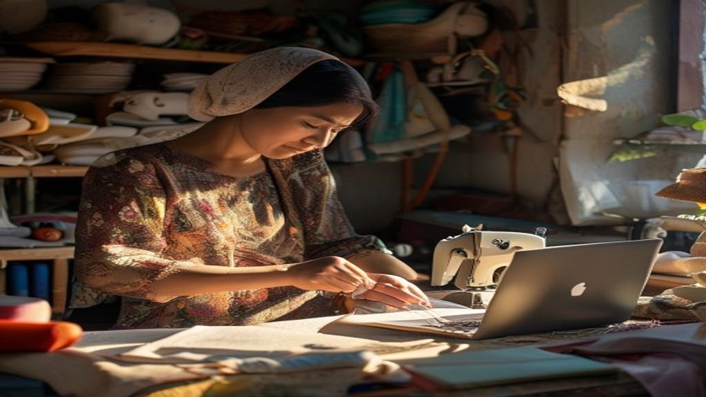 Ilustrasi beberapa ide bisnis modal kecil seperti stand kopi, jualan online, dan produksi kerajinan tangan.