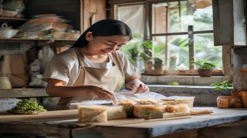 Ilustrasi kreatif ide bisnis modal kecil seperti kios makanan, layanan digital, dan kerajinan tangan.