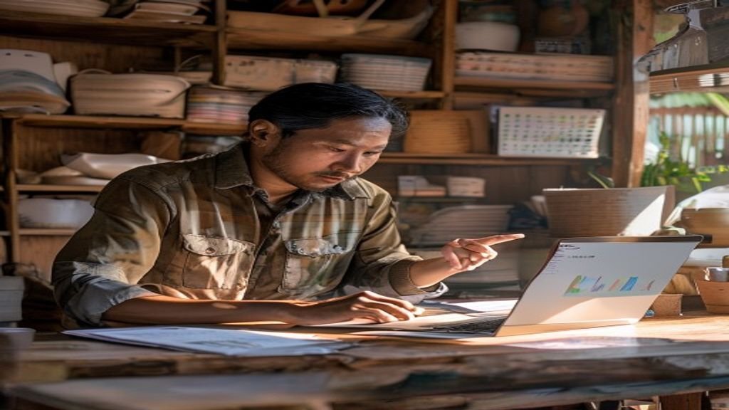 Ilustrasi ide bisnis modal kecil dengan laptop, kalkulator, dan produk kreatif siap memulai usaha