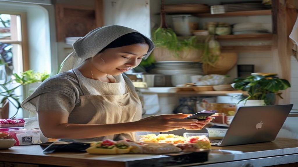 Gambar menampilkan contoh ide bisnis modal kecil seperti usaha katering rumahan, jualan online, dan kios makanan