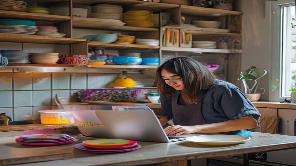 Ilustrasi beberapa ide bisnis modal kecil seperti kios makanan, usaha online, dan layanan kebersihan.