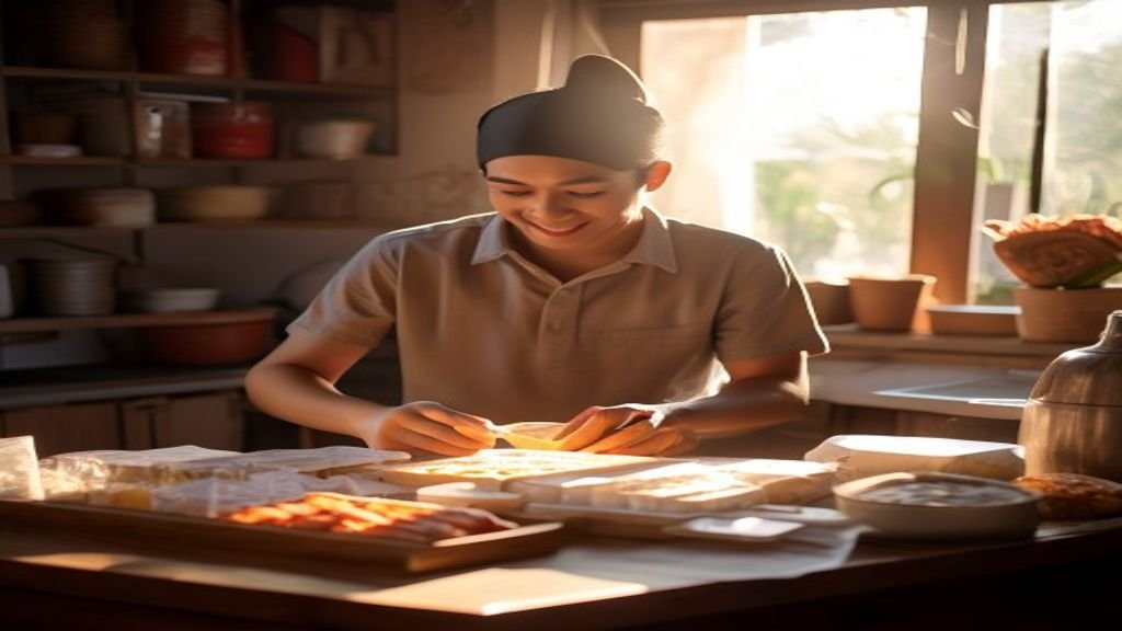 Ilustrasi ide bisnis modal kecil seperti warung kopi, jualan online, dan layanan kebersihan.