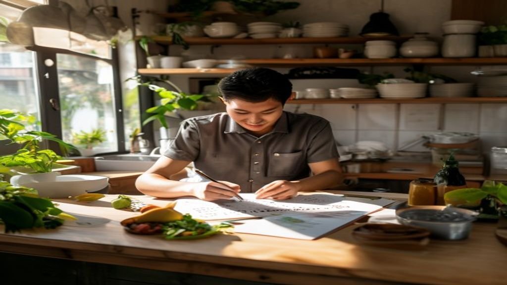 Ilustrasi ide bisnis modal kecil seperti warung kopi, jualan online, dan kerajinan tangan.
