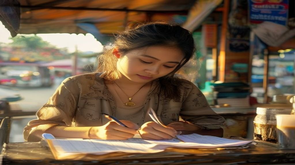 Ilustrasi kreatif ide bisnis modal kecil dengan laptop, kalkulator, dan catatan strategi pertumbuhan.