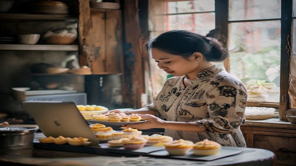 Ilustrasi peluang bisnis modal kecil seperti warung kopi mini, jasa kirim barang, dan produksi kerajinan tangan