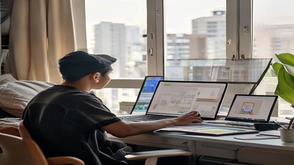 Ilustrasi kreatif ide bisnis modal kecil seperti toko online, katering rumah, dan jasa freelance