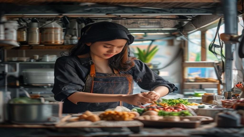 Ilustrasi beberapa ide bisnis modal kecil seperti kios makanan, toko online, dan jasa kebersihan