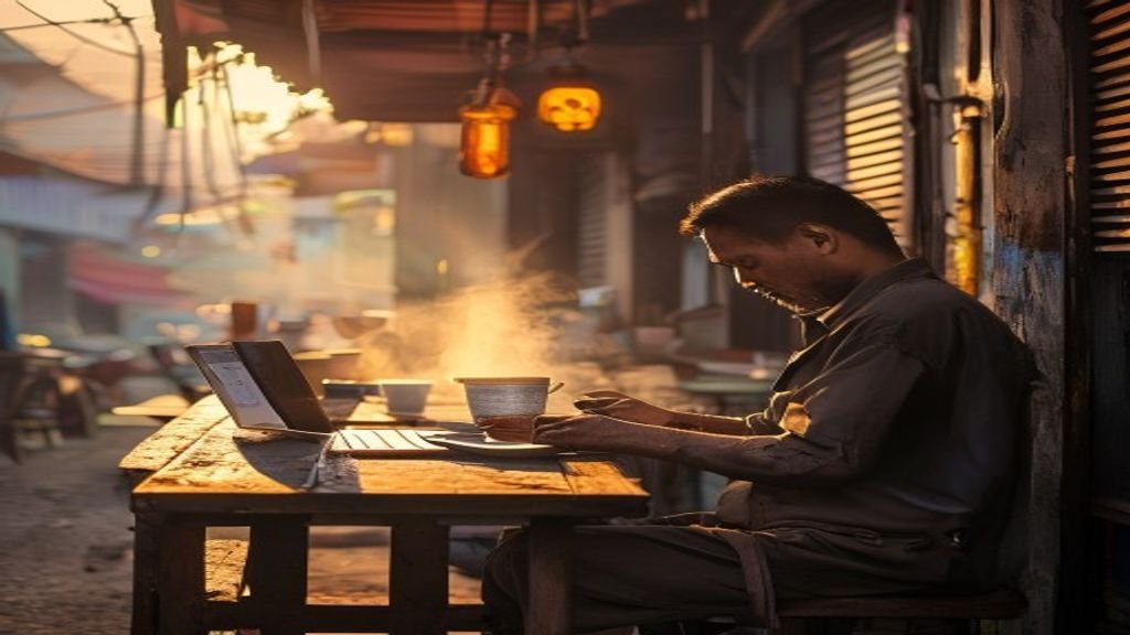 Ilustrasi ide bisnis modal kecil dengan laptop, catatan, dan uang kecil.