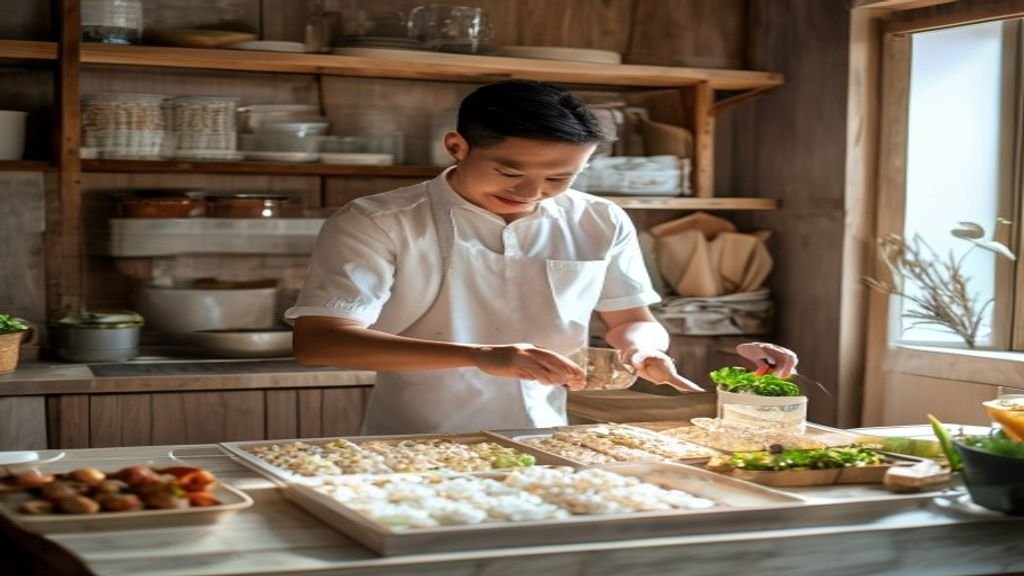 Ilustrasi ide bisnis modal kecil: toko online barang handmade, kios makanan ringan, dan layanan kebersihan.