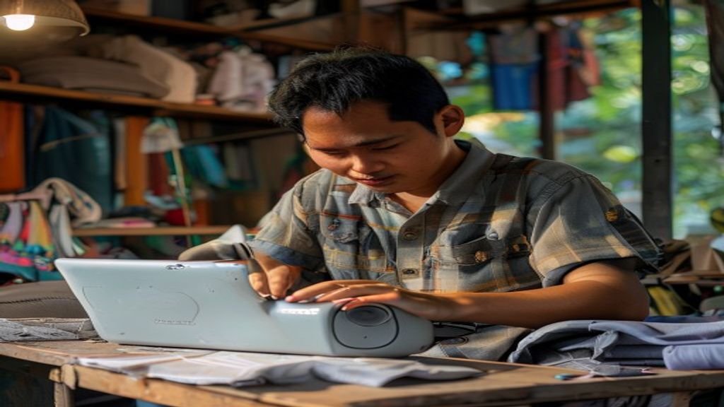 Ilustrasi ide bisnis modal kecil: kios online, katering rumahan, dan layanan kebersihan dengan investasi terbatas
