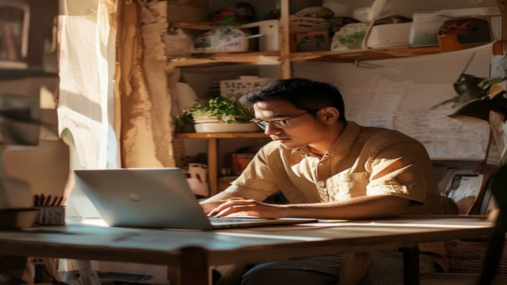 Ilustrasi kreatif ide bisnis modal kecil, menampilkan produk handmade dan kios online sebagai peluang usaha sederhana.