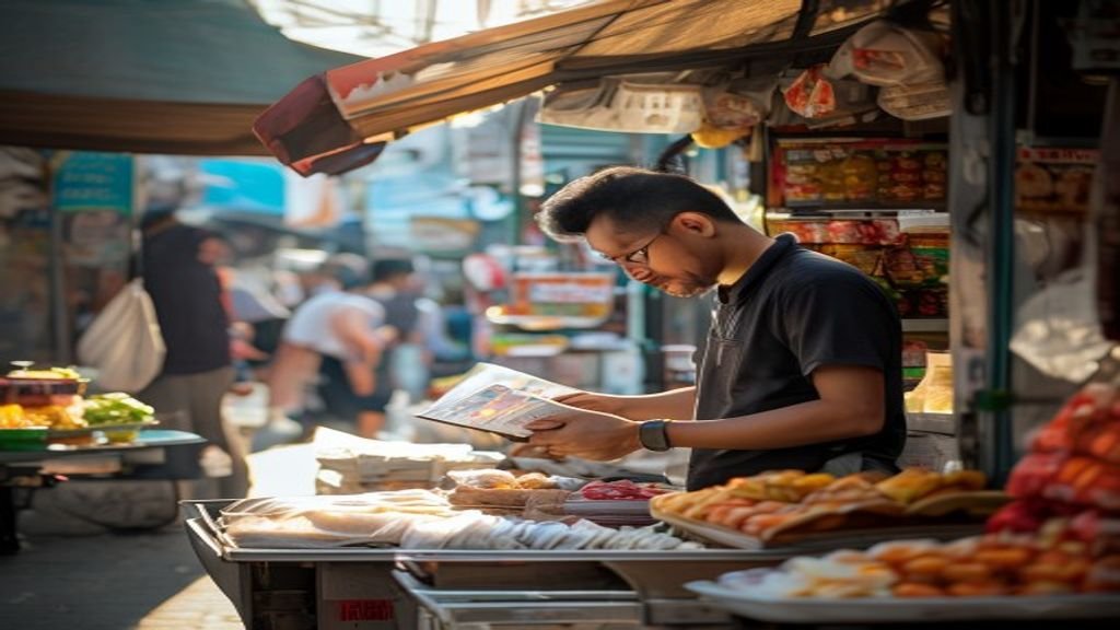 Gambar ilustrasi ide bisnis modal kecil seperti kios makanan, penjualan online, dan kerajinan tangan