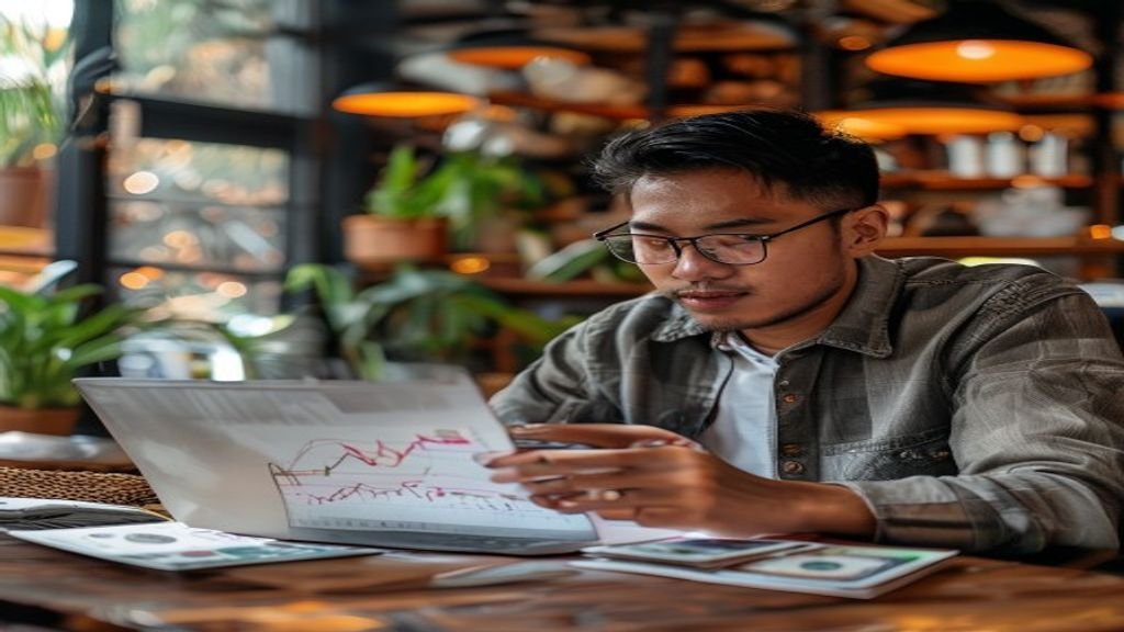 Ilustrasi kreatif ide bisnis modal kecil: warung kopi mini, layanan digital, dan produk kerajinan tangan.