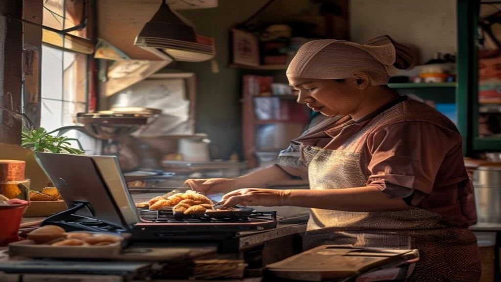 Ilustrasi 5 ide bisnis modal kecil cocok untuk pemula, menampilkan produk kreatif, layanan digital, dan usaha rumahan