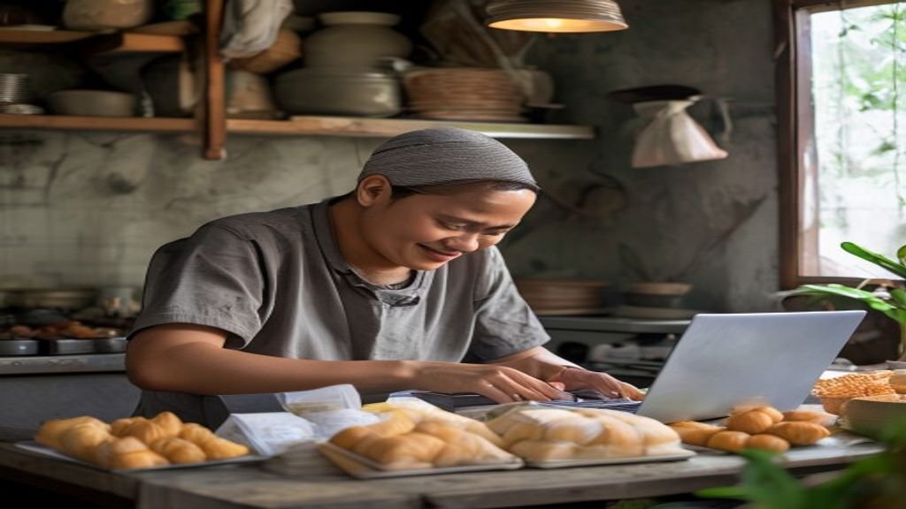 Ilustrasi kreatif ide bisnis modal kecil: warung kopi kecil, katering rumahan, dan jualan online produk lokal