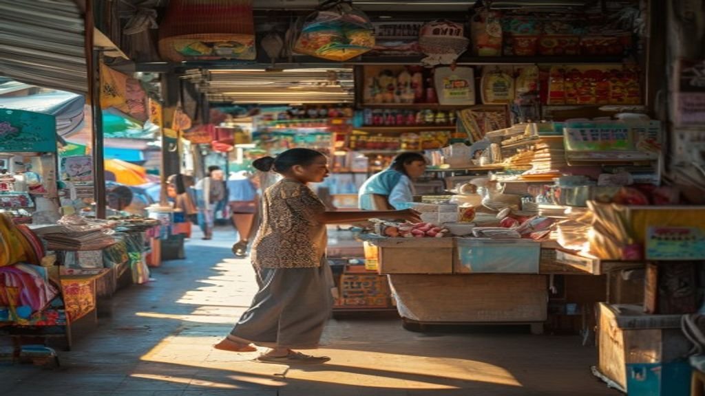 Gambar ide bisnis modal kecil: kios makanan, jasa kebersihan, dan toko online sederhana.