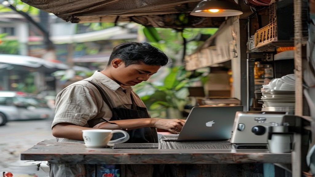 Ilustrasi ide bisnis modal kecil, seperti warung kopi, kerajinan tangan, atau layanan digital, siap memulai usaha.