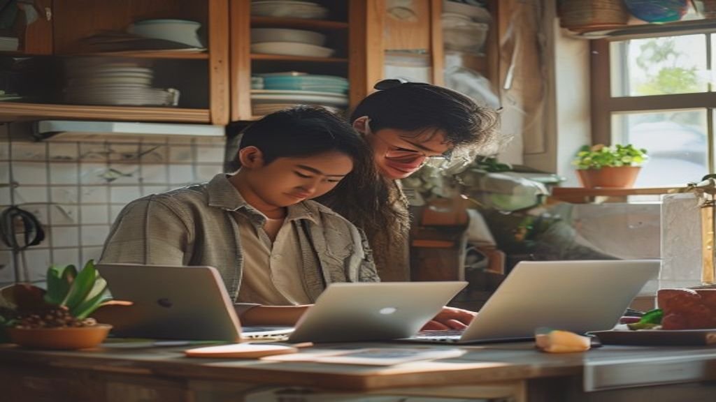 Ilustrasi kreatif ide bisnis modal kecil: warung kopi, jualan keripik, dan layanan kebersihan rumah