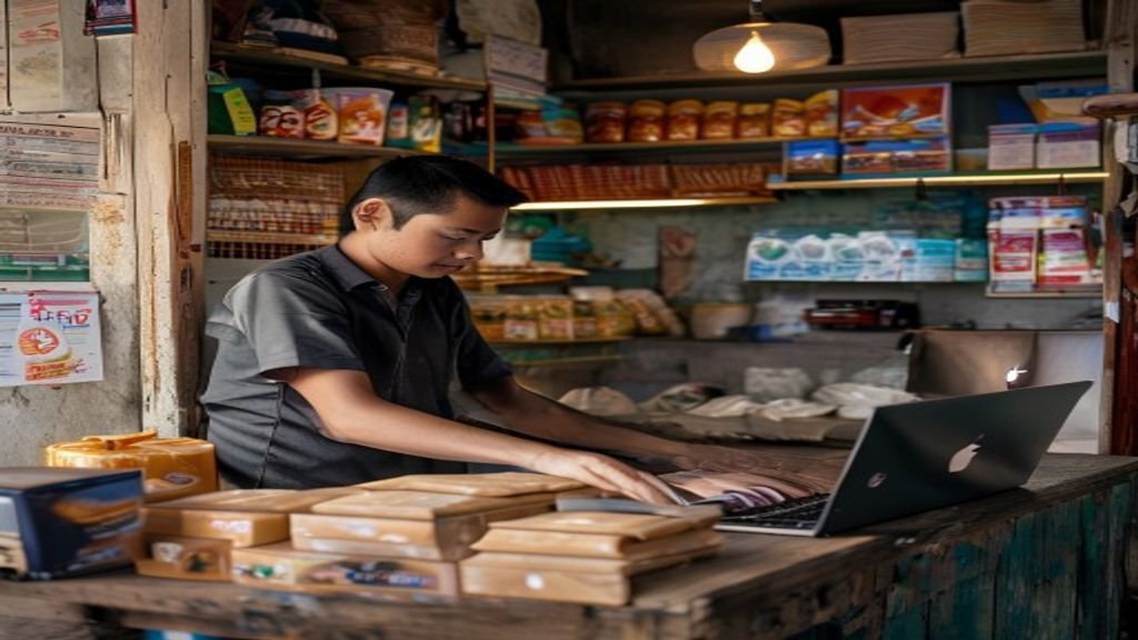 Ilustrasi kreatif ide bisnis modal kecil seperti kios makanan, jasa digital, dan kerajinan tangan.