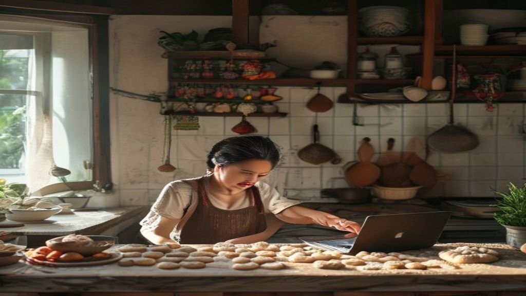 Ilustrasi ide bisnis modal kecil seperti jualan makanan rumahan, kerajinan tangan, atau dropship online