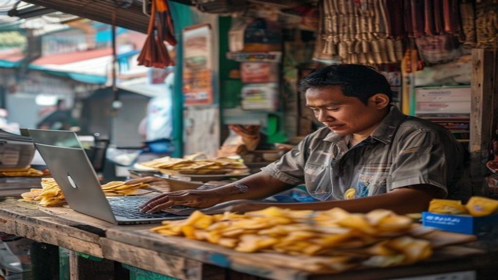 Ilustrasi ide bisnis modal kecil seperti kios makanan, jualan online, atau layanan kebersihan untuk pemula.