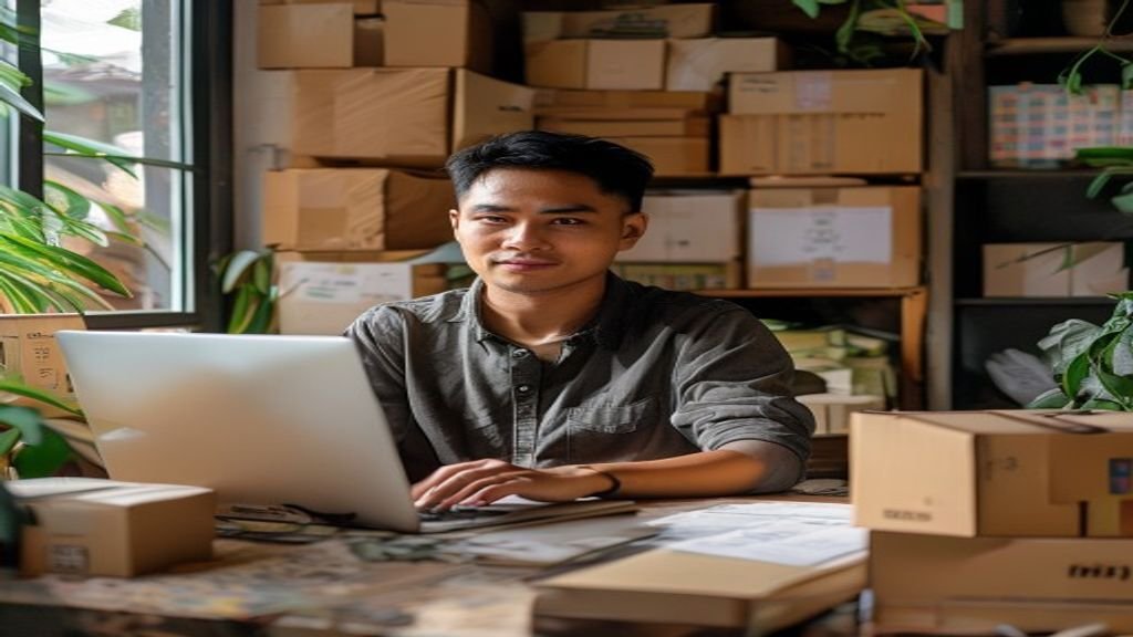 Ilustrasi ide bisnis modal kecil: warung kopi, jualan online, dan kerajinan tangan
