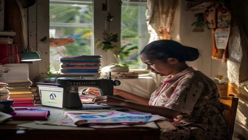 Ilustrasi ide bisnis modal kecil: warung kopi kecil, jualan kerajinan tangan, atau jasa kebersihan rumah.