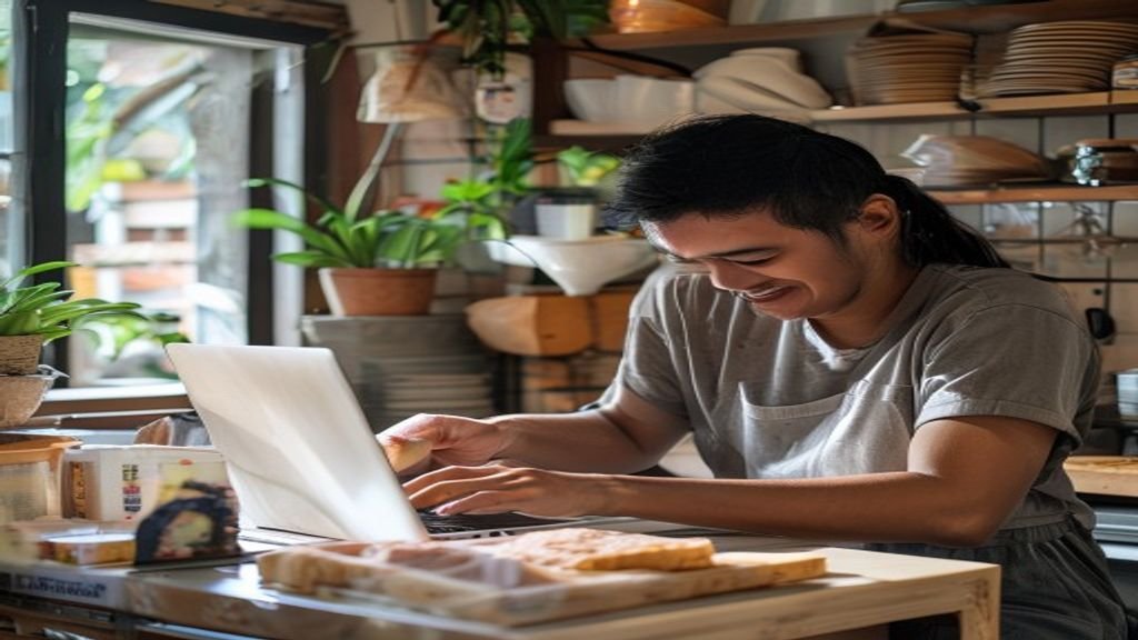 Gambar ilustrasi ide bisnis modal kecil menampilkan produk kreatif, layanan online, dan usaha rumahan yang menguntung...