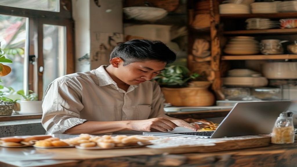 Gambar ilustrasi ide bisnis modal kecil: warung kopi, jualan online, dan kerajinan tangan untuk pemula