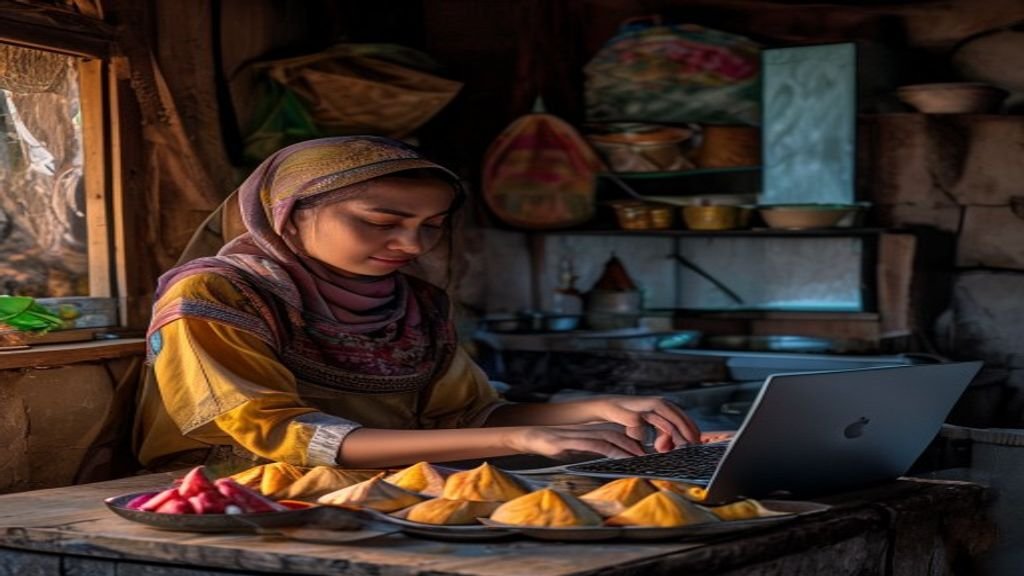 Gambar inspirasi ide bisnis modal kecil dengan contoh toko online, kuliner rumahan, dan layanan kebersihan.