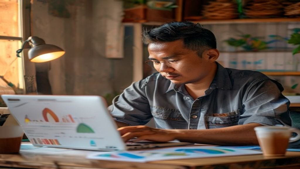Ilustrasi ide bisnis modal kecil seperti kios makanan, usaha online, dan layanan kebersihan untuk pemula
