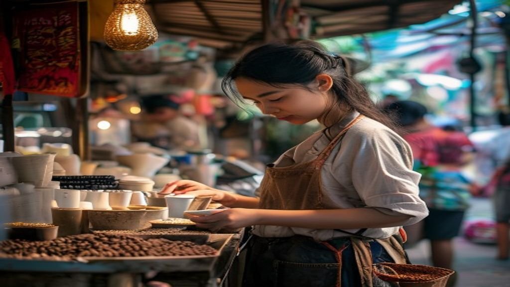 Gambar ilustrasi ide bisnis modal kecil seperti warung kopi, kerajinan tangan, dan jasa digital