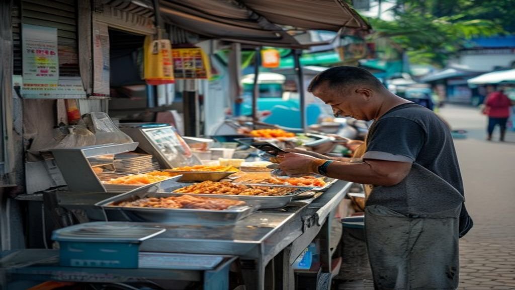 Gambar menampilkan berbagai ide bisnis modal kecil, seperti kios makanan, layanan digital, dan kerajinan tangan.