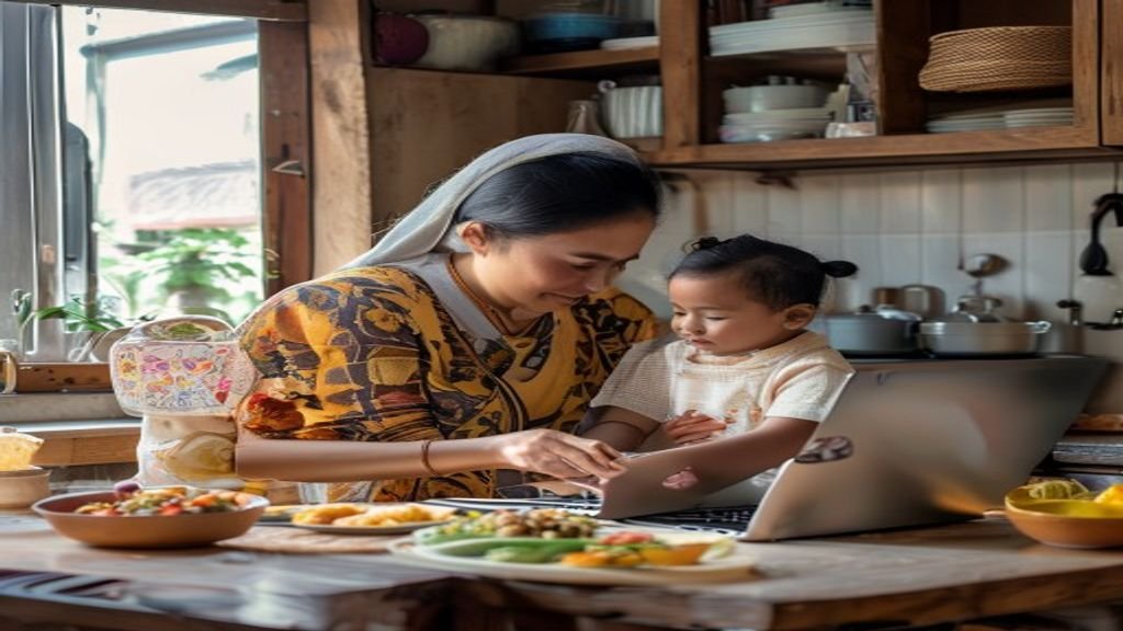 Ilustrasi kreatif ide bisnis modal kecil dengan laptop, kalkulator, dan produk handmade di meja kerja