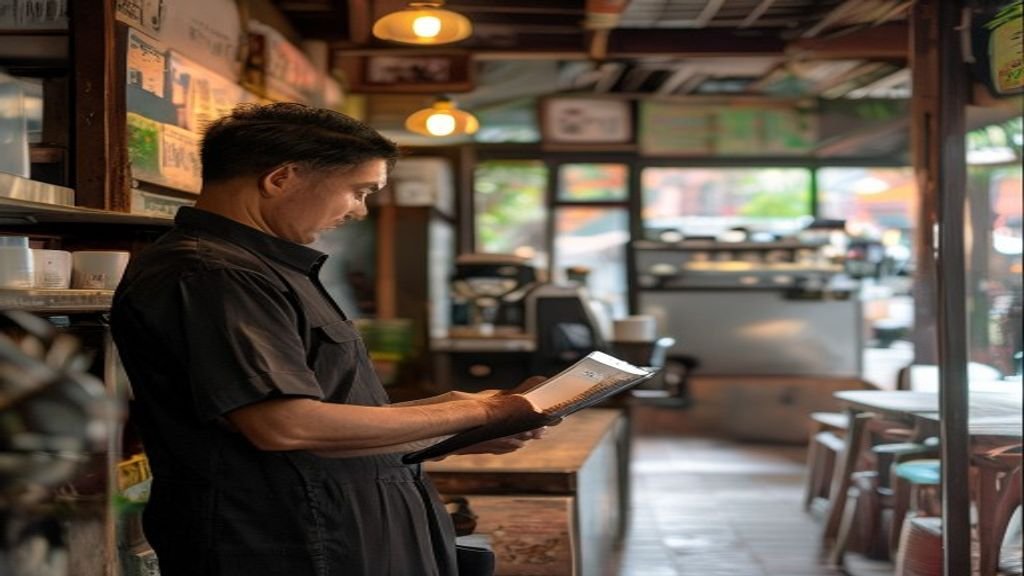 Ilustrasi ide bisnis modal kecil seperti warung kopi, jualan online, dan usaha kerajinan tangan.