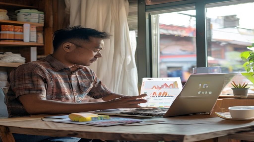 Ilustrasi ide bisnis modal kecil: warung kopi kecil, usaha katering rumahan, atau toko online pakaian murah.