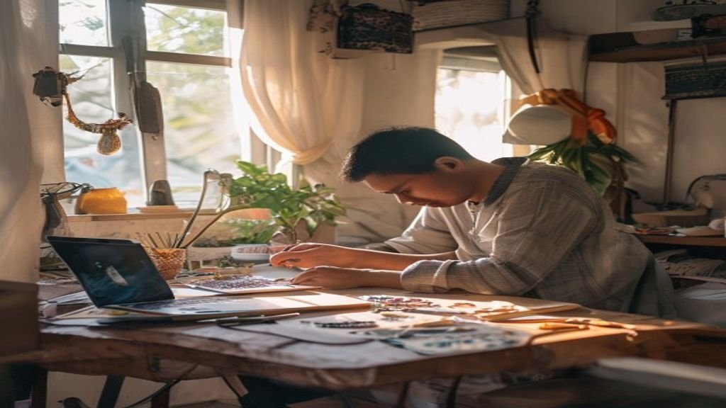 Ilustrasi ide bisnis modal kecil seperti kafe kecil, jualan online, dan kerajinan tangan kreatif