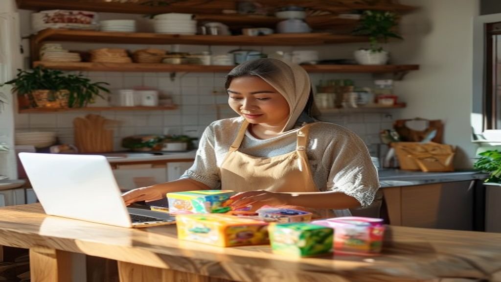 Ilustrasi ide bisnis modal kecil dengan potensi tinggi, seperti usaha makanan rumahan, jualan online, atau kios kreatif