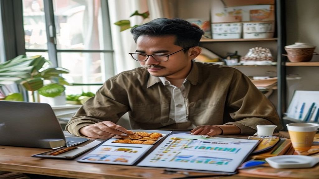 Ilustrasi ide bisnis modal kecil: warung kopi, jualan makanan ringan, dan layanan digital dengan investasi minimal.