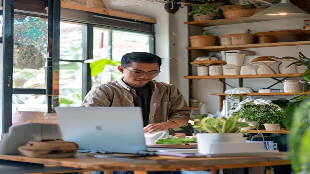 Ilustrasi ide bisnis modal kecil: usaha rumahan, jualan online, dan layanan kebersihan dengan investasi minimal