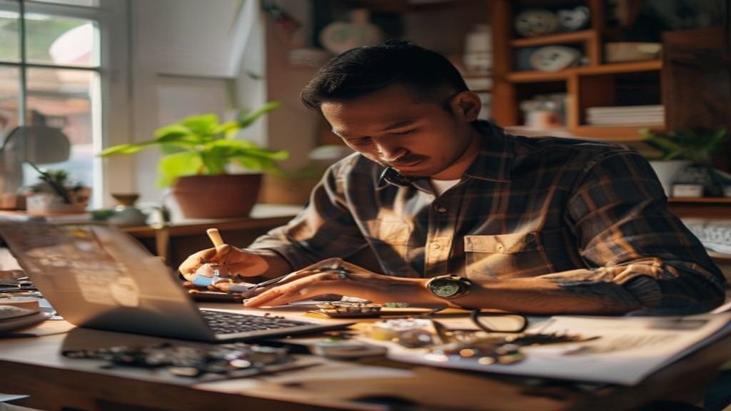 Ilustrasi ide bisnis modal kecil seperti kios makanan, layanan kebersihan, dan jualan online untuk pemula.