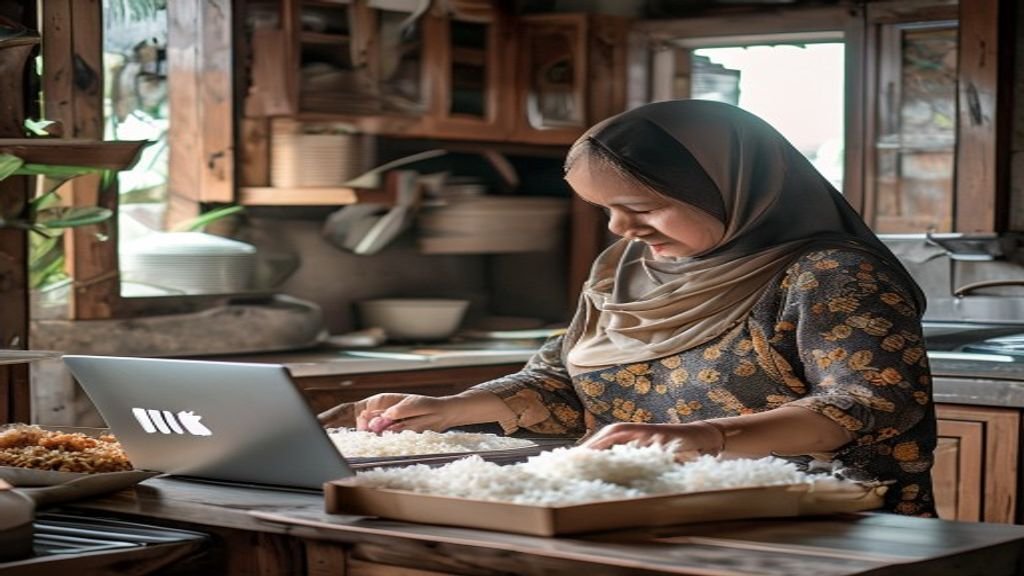 Ilustrasi beragam ide bisnis modal kecil, seperti kedai kopi mini, penjualan produk digital, dan jasa kebersihan rumah