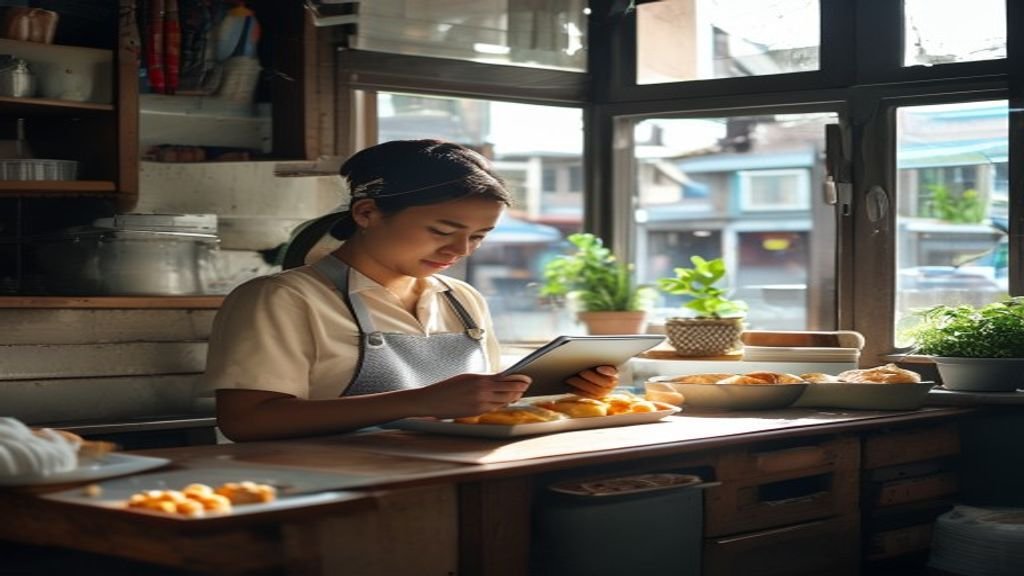 Ilustrasi ide bisnis modal kecil dengan laptop, kalkulator, dan catatan strategi.