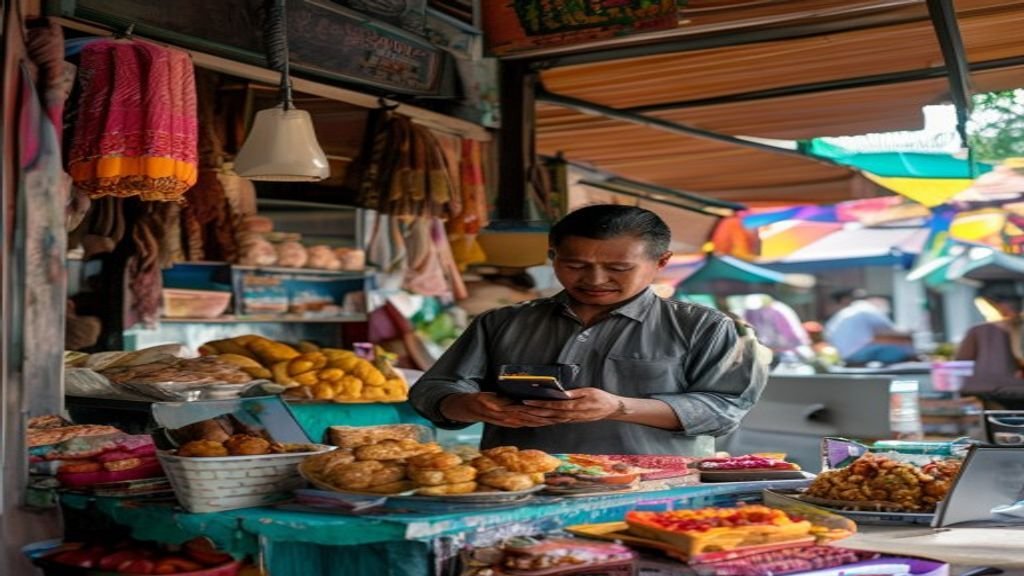 Gambar menampilkan contoh ide bisnis modal kecil seperti warung kopi mini dan usaha online kreatif.