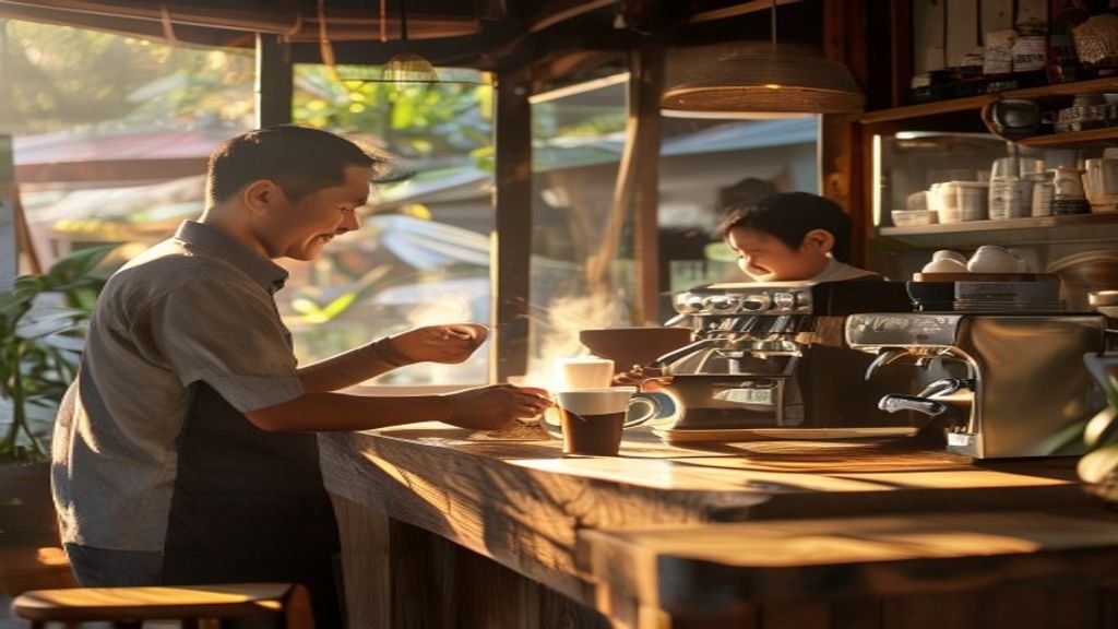 Gambar menampilkan contoh usaha rumahan dengan modal kecil seperti kios makanan, layanan digital, dan kerajinan kreatif.