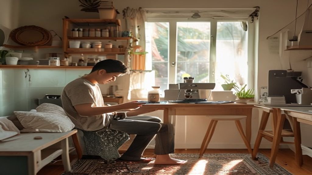 Gambar menampilkan beberapa ide bisnis modal kecil seperti warung kopi, jualan pulsa, dan kerajinan tangan.