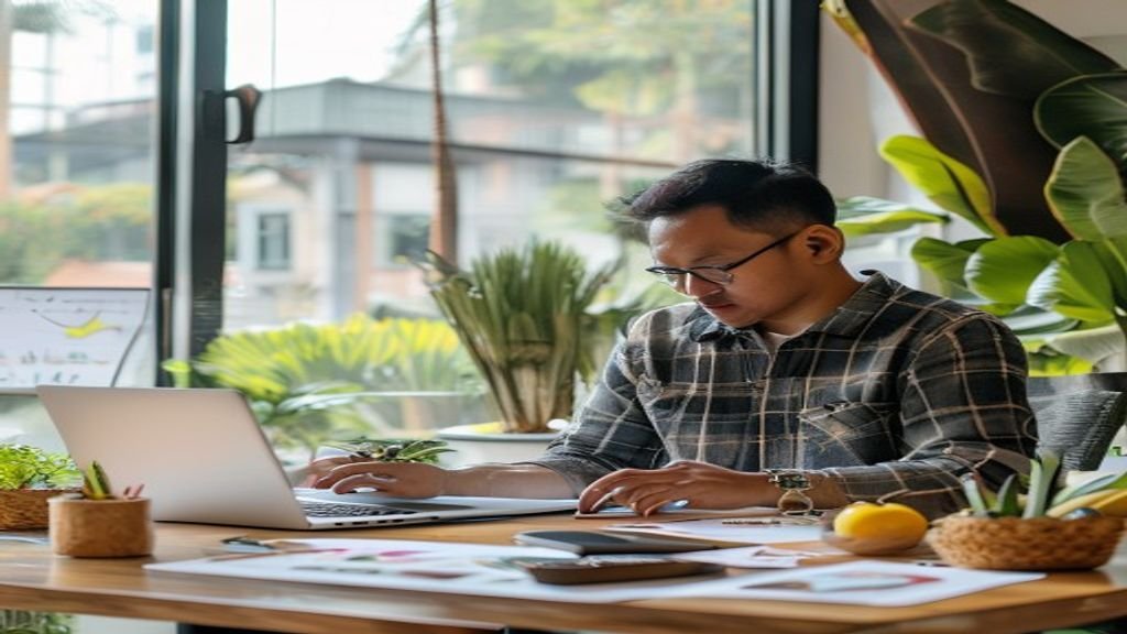 Ilustrasi ide bisnis modal kecil: warung kopi, jualan online, dan kerajinan tangan.