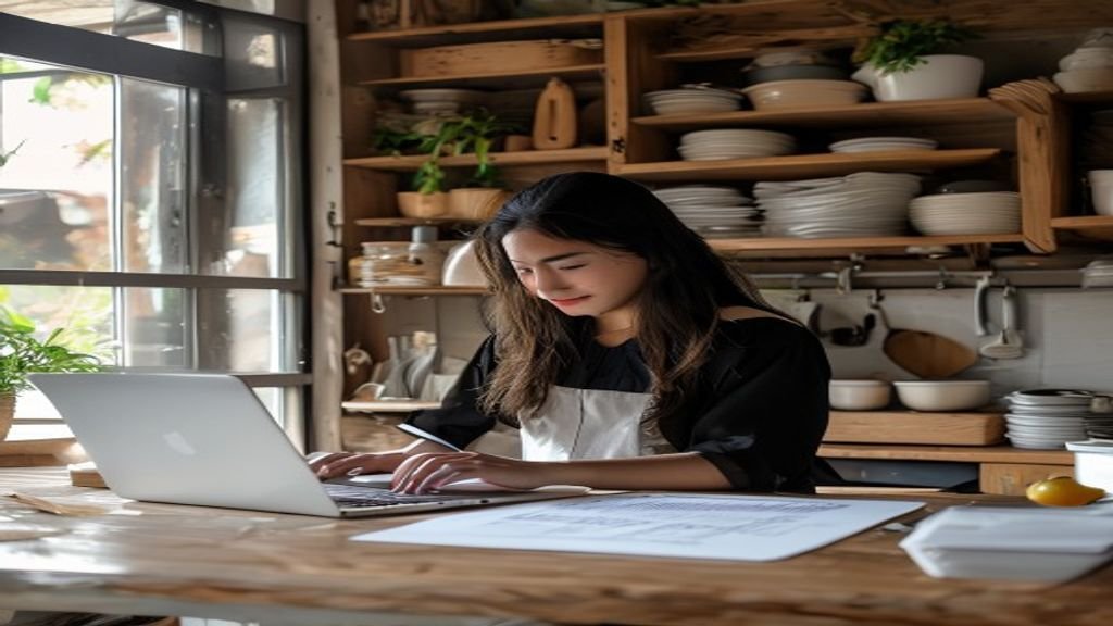 Ilustrasi ide bisnis modal kecil seperti warung kopi, jualan online, dan kerajinan tangan untuk pemula.