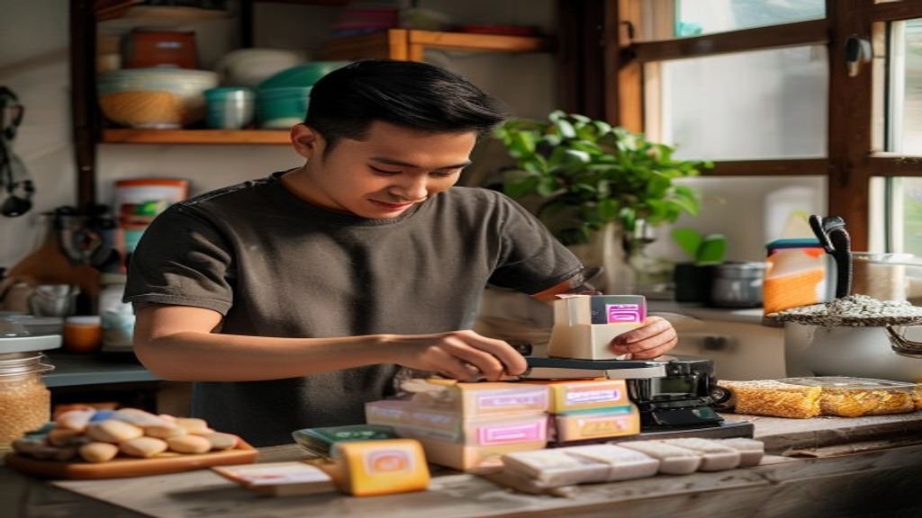 Ilustrasi ide bisnis modal kecil seperti jualan kudapan, dropshipping, atau layanan digital.